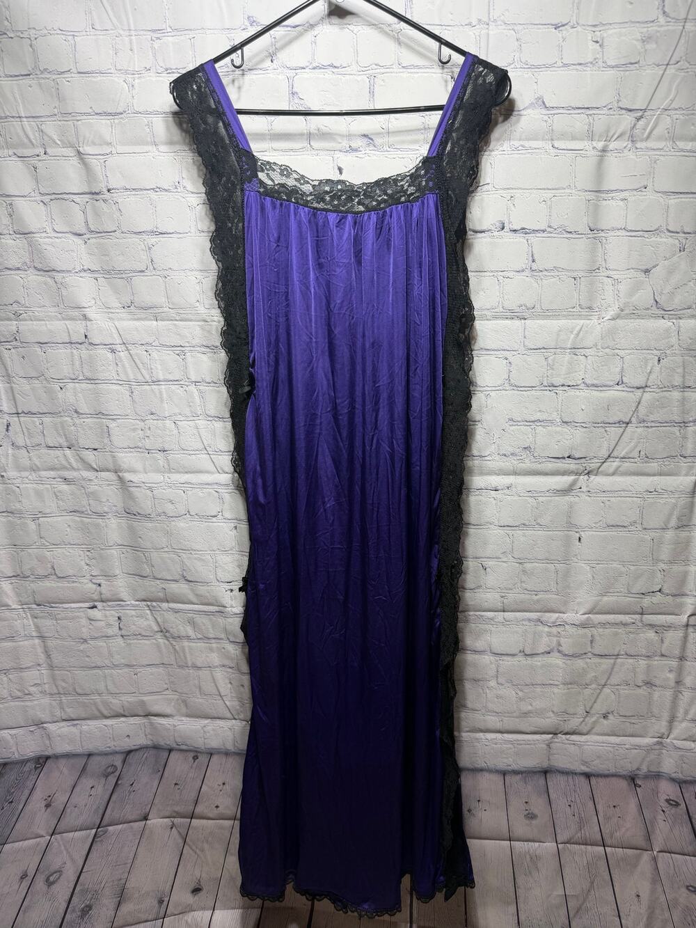 Whimsigoth VTG Maxi Slip Dress Purple Black Lace Sz L Witchy Fairy Grunge